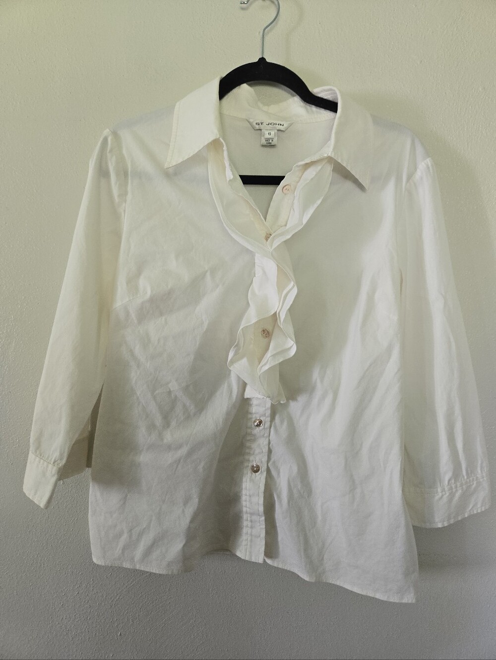 St. John Ruffle Front 3/4 Sleeves White Button Down Blouse 10